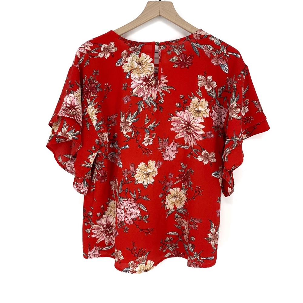 Bobeau Double Ruffle Red Floral Mixed Boxy Blouse - Picture 3 of 9